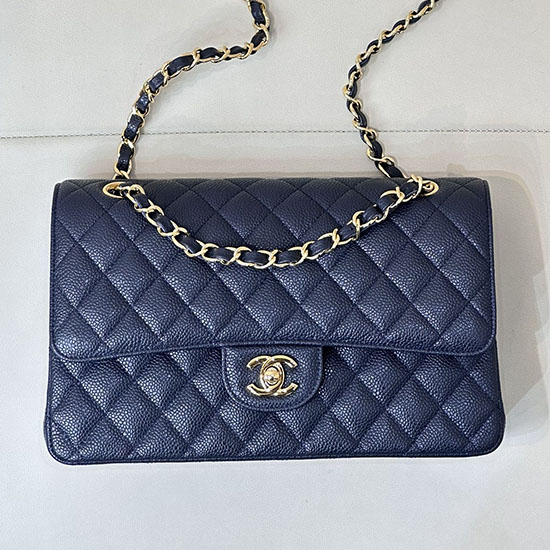 Medium Chanel Caviar Flap Bag A01112 Dark Blue with Gold