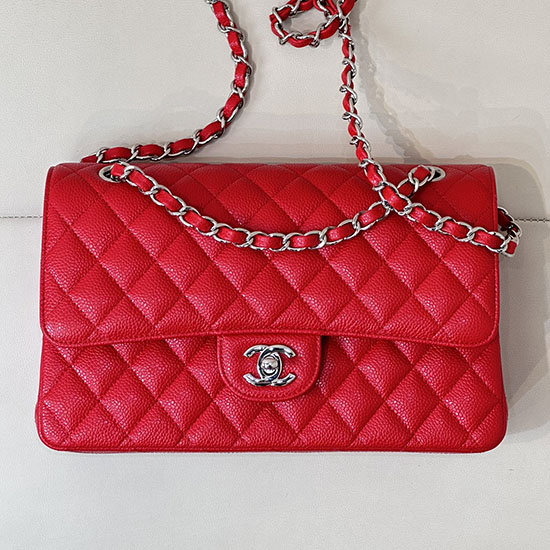 Medium Chanel Caviar Flap Bag A01112 Red with Silver