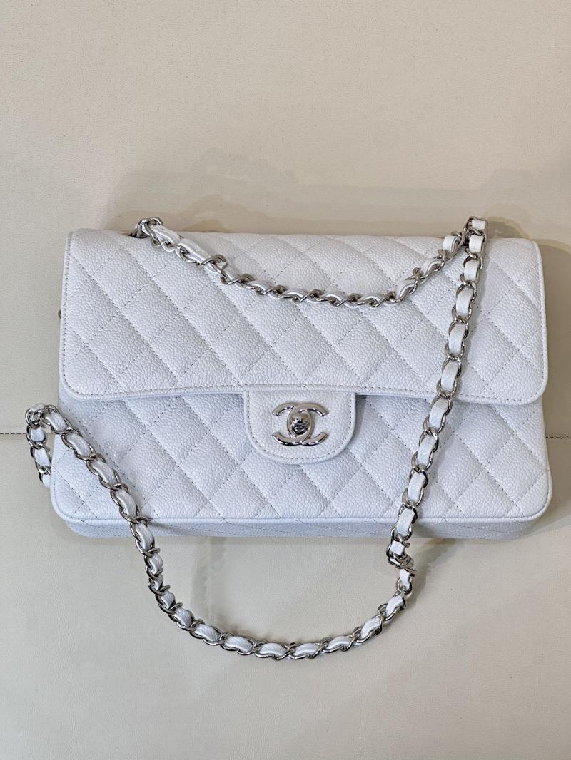 Medium Chanel Caviar Flap Bag A01112 White with Silver