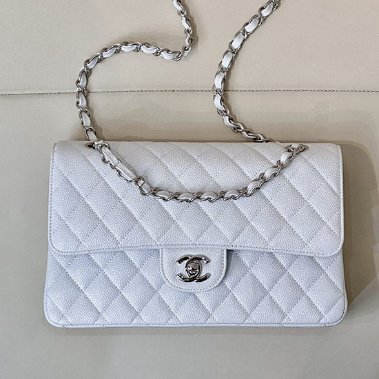 Medium Chanel Caviar Flap Bag A01112 White with Silver