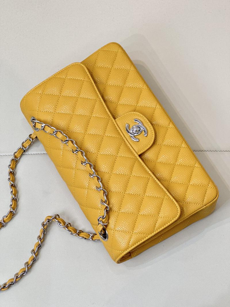 Medium Chanel Caviar Flap Bag A01112 Yellow with Silver