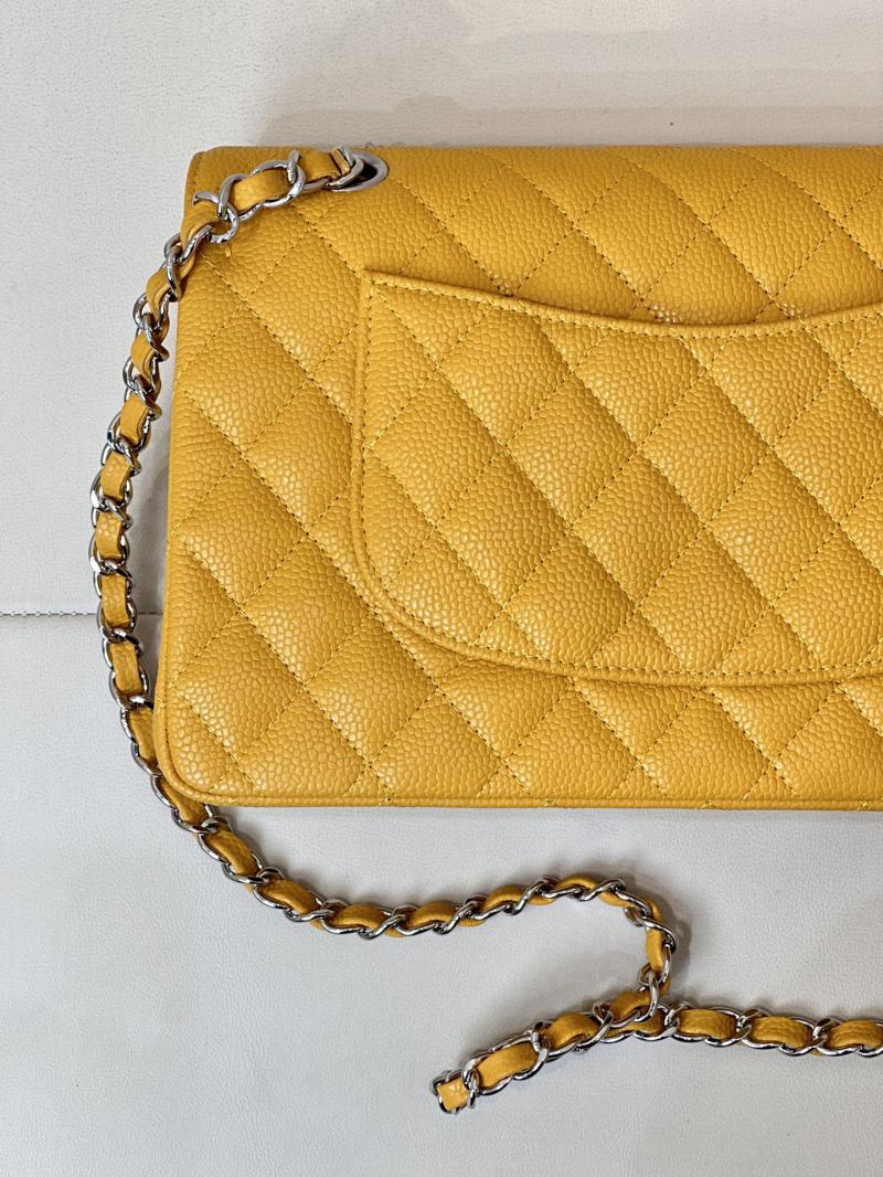 Medium Chanel Caviar Flap Bag A01112 Yellow with Silver