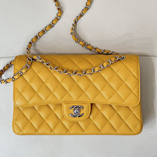 Medium Chanel Caviar Flap Bag A01112 Yellow with Silver