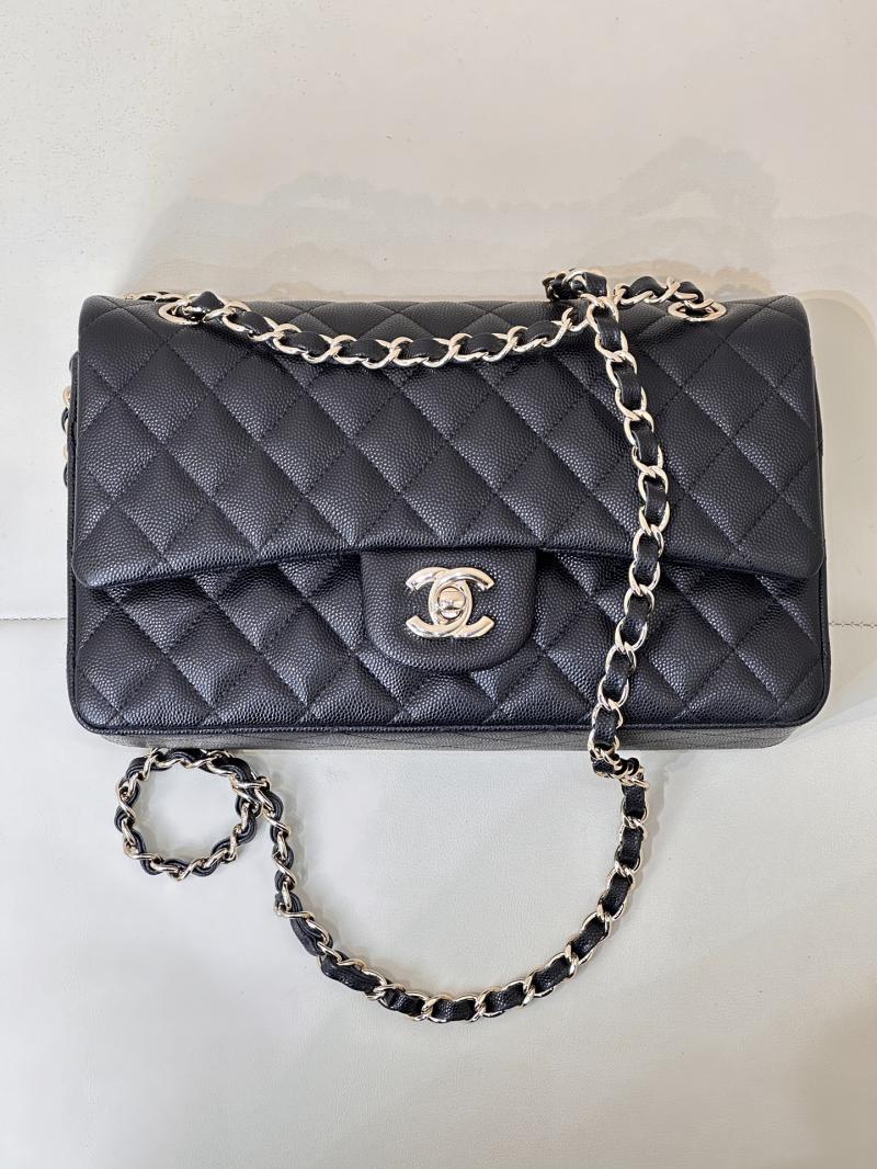 Medium Chanel Grained Calfskin Flap Bag A01112 Black with Gold