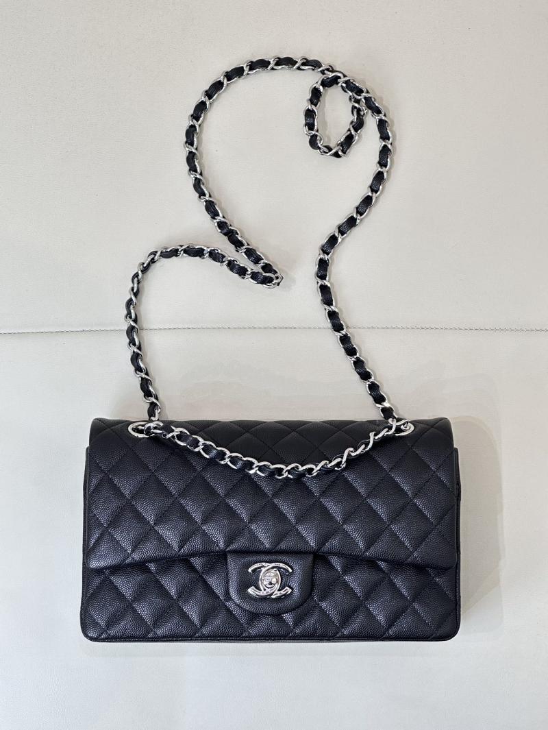 Medium Chanel Grained Calfskin Flap Bag A01112 Black with Silver