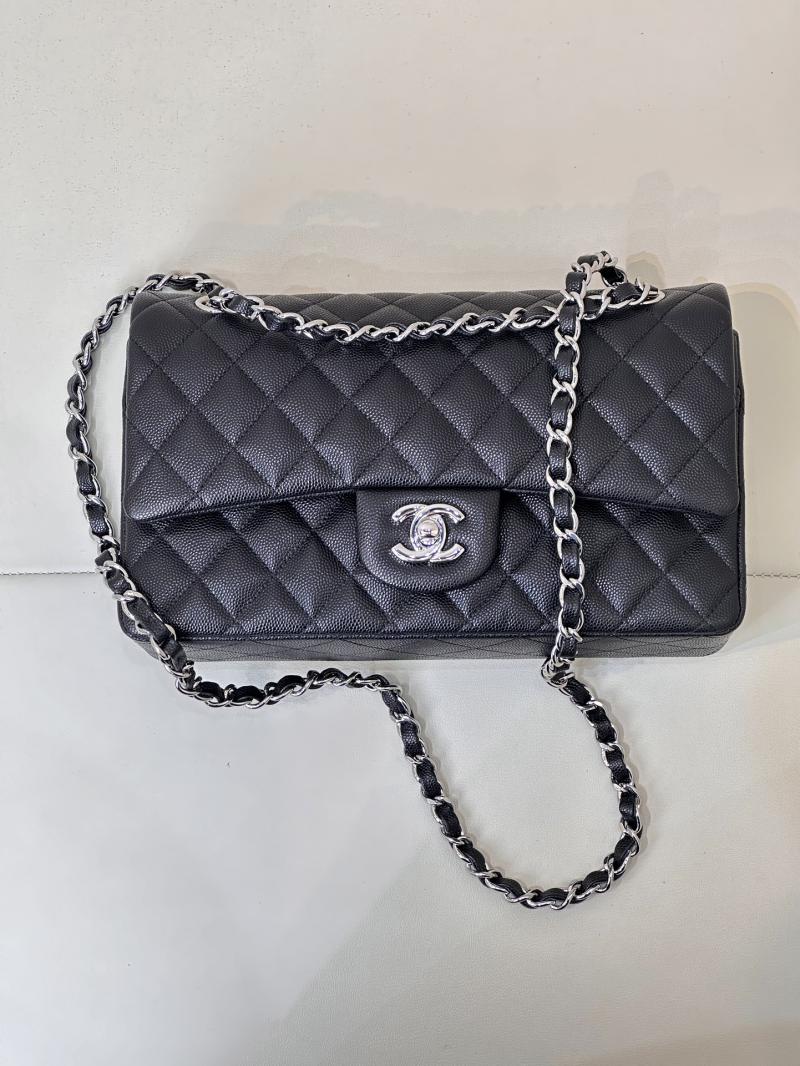 Medium Chanel Grained Calfskin Flap Bag A01112 Black with Silver