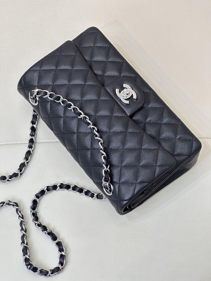 Medium Chanel Grained Calfskin Flap Bag A01112 Black with Silver