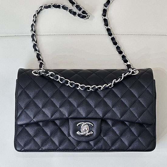 Medium Chanel Grained Calfskin Flap Bag A01112 Black with Silver