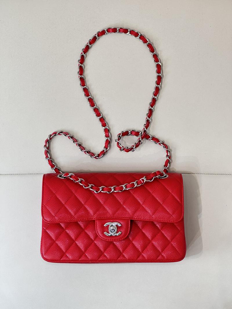 Small Chanel Caviar Flap Bag A01117 Red with Silver