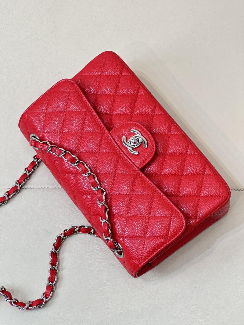 Small Chanel Caviar Flap Bag A01117 Red with Silver