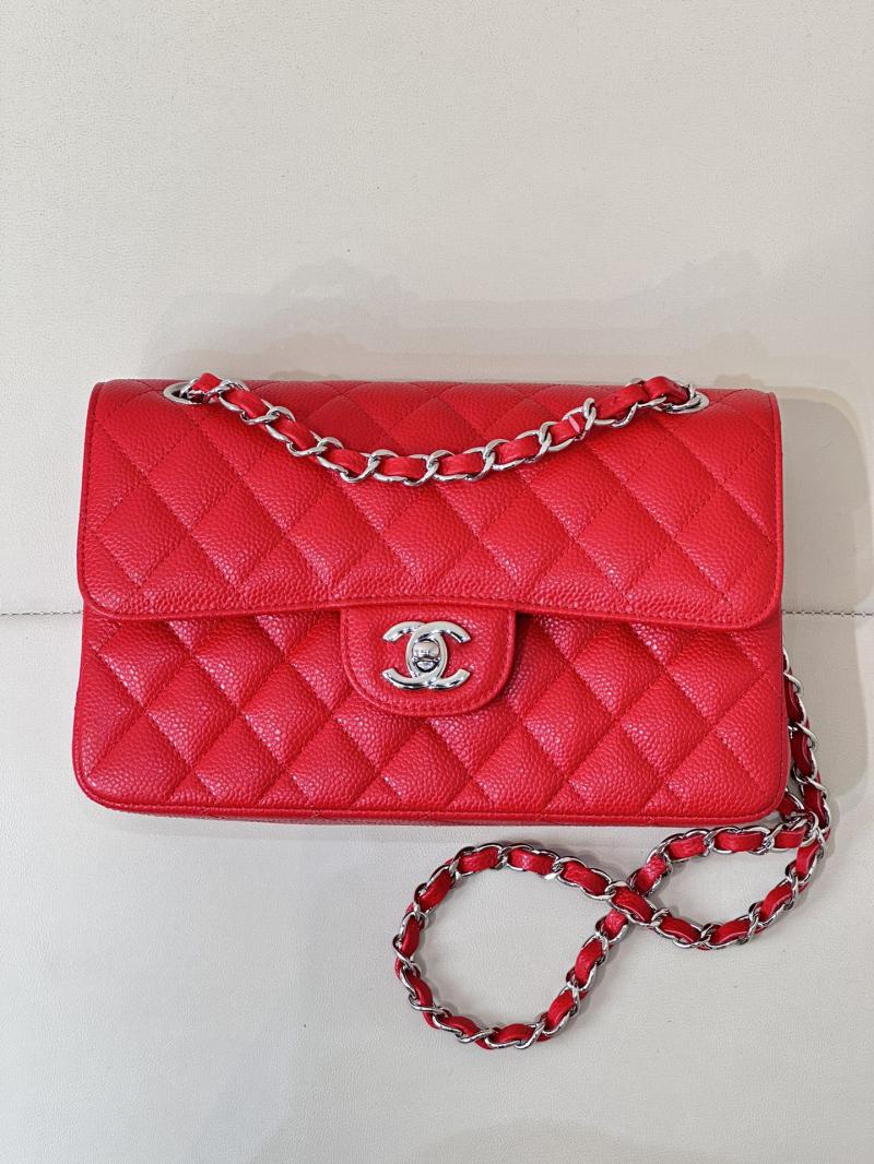 Small Chanel Caviar Flap Bag A01117 Red with Silver