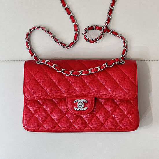 Small Chanel Caviar Flap Bag A01117 Red with Silver