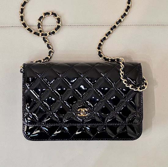 Chanel WOC Patent Chain Wallet AP0250 Black with Gold