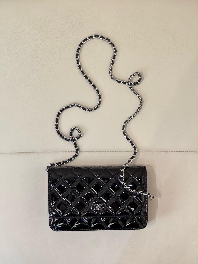 Chanel WOC Patent Chain Wallet AP0250 Black with Silver