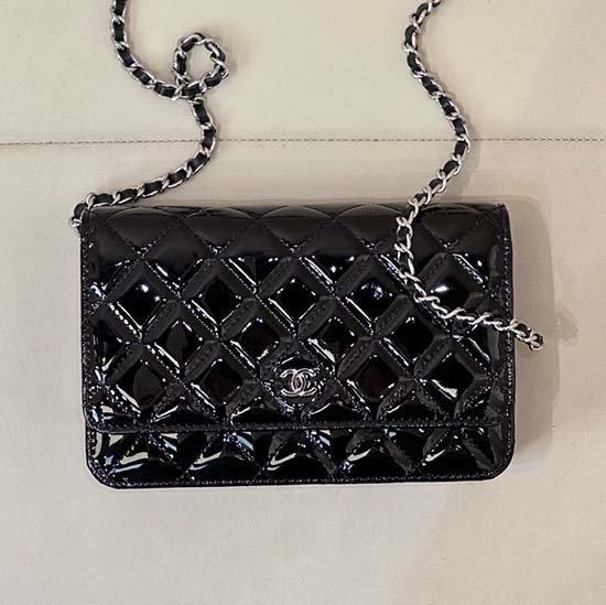 Chanel WOC Patent Chain Wallet AP0250 Black with Silver