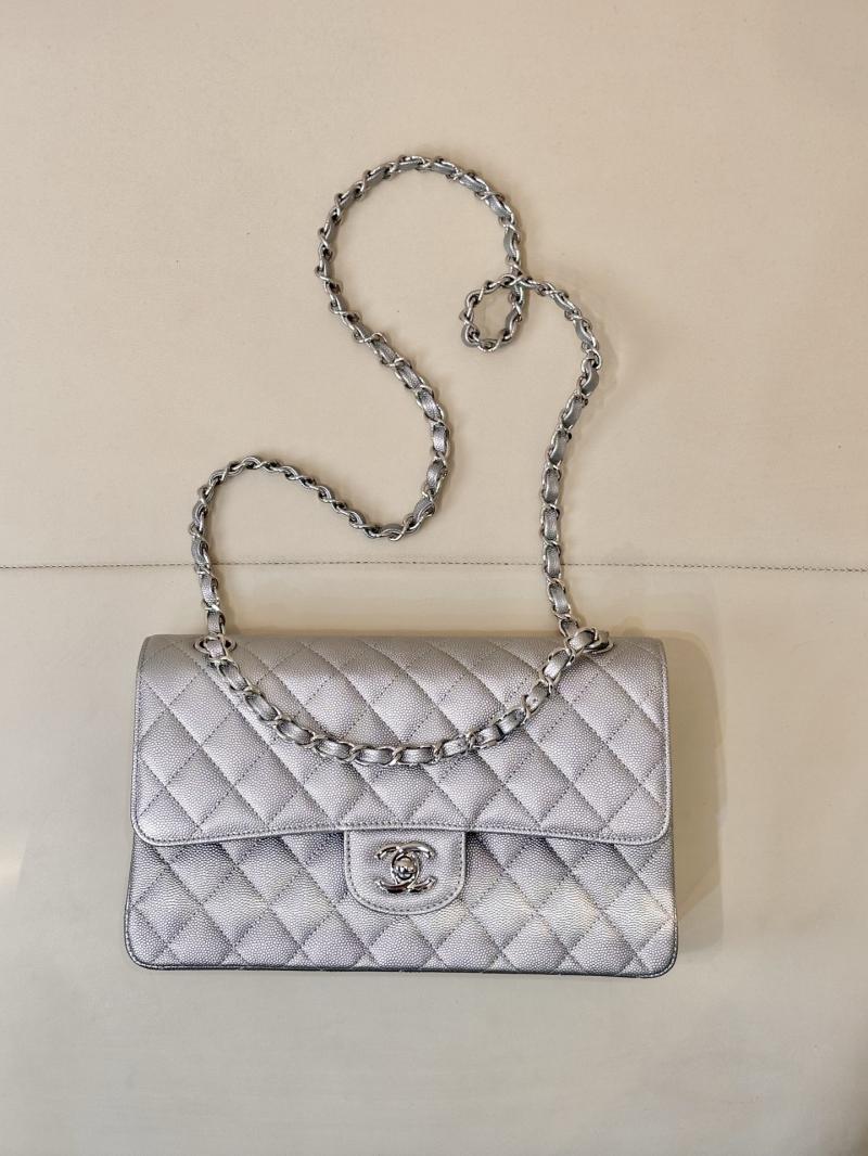 Medium Chanel Grained Calfskin Flap Bag A01112 Silver