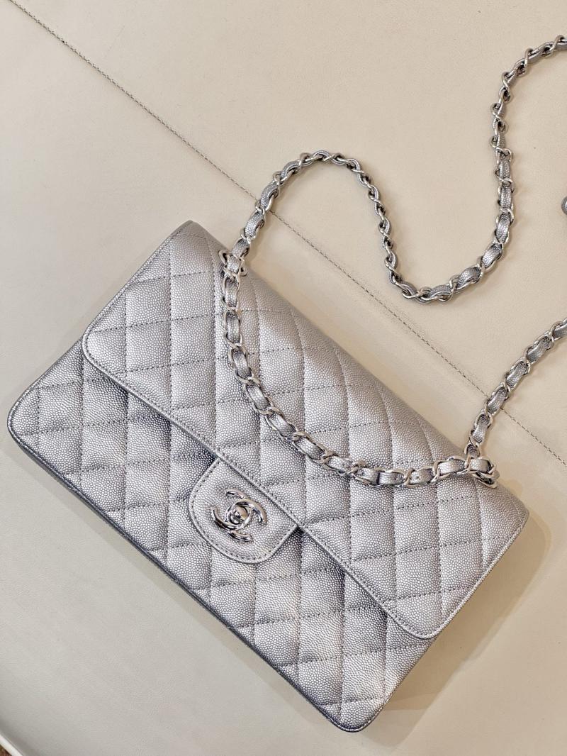 Medium Chanel Grained Calfskin Flap Bag A01112 Silver