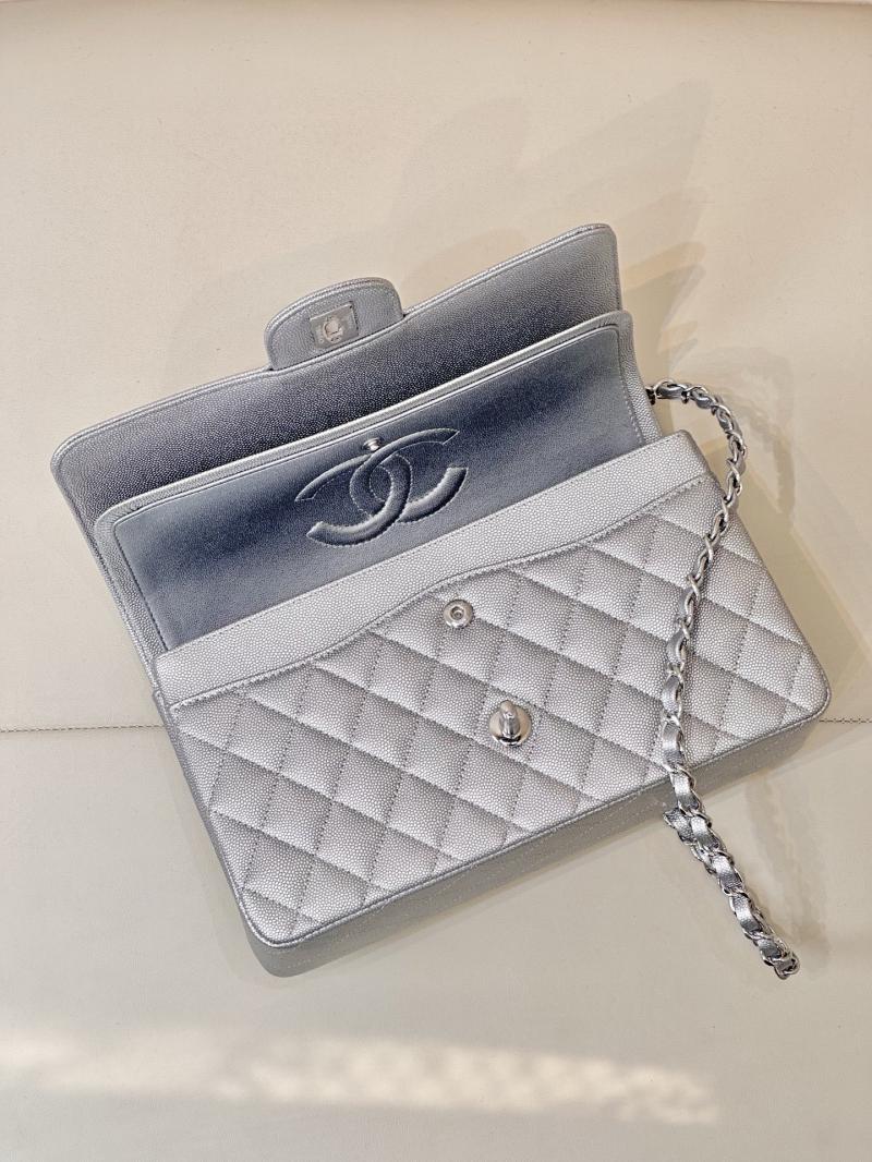 Medium Chanel Grained Calfskin Flap Bag A01112 Silver