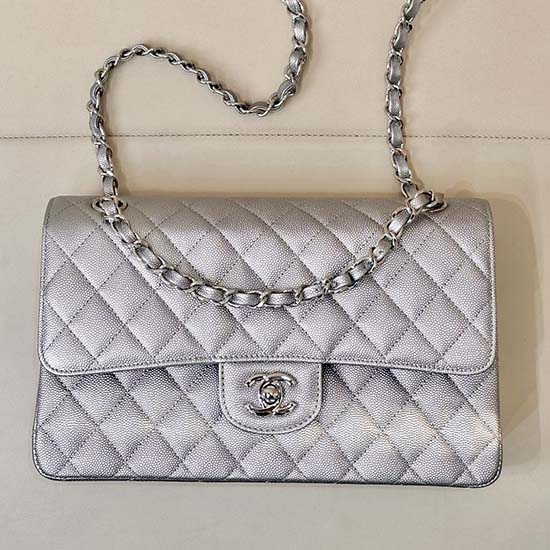 Medium Chanel Grained Calfskin Flap Bag A01112 Silver